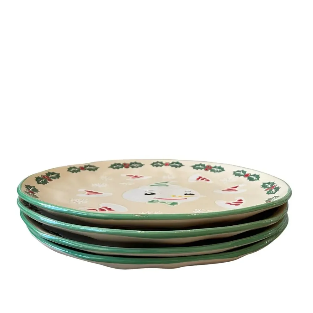 ELI + ANA Christmas VINTAGE SNOWMAN Dinner Plate 11in Set of 4 Ceramic New